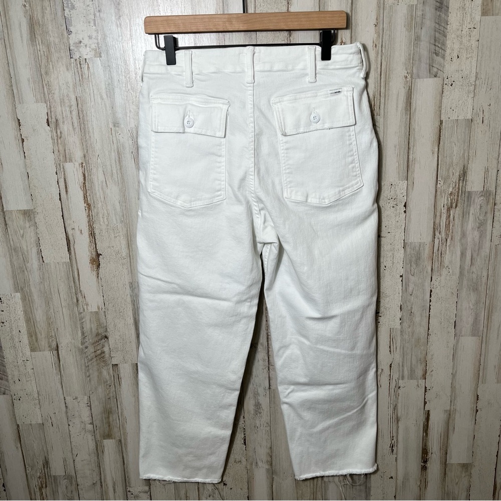 MOTHER Denim The Patch Pocket Private Ankle Fray White Straight Jeans Womens‎ 28